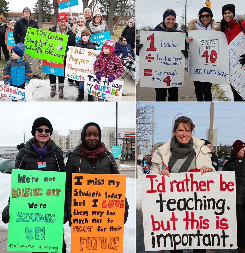 collage of teachers striking outside
