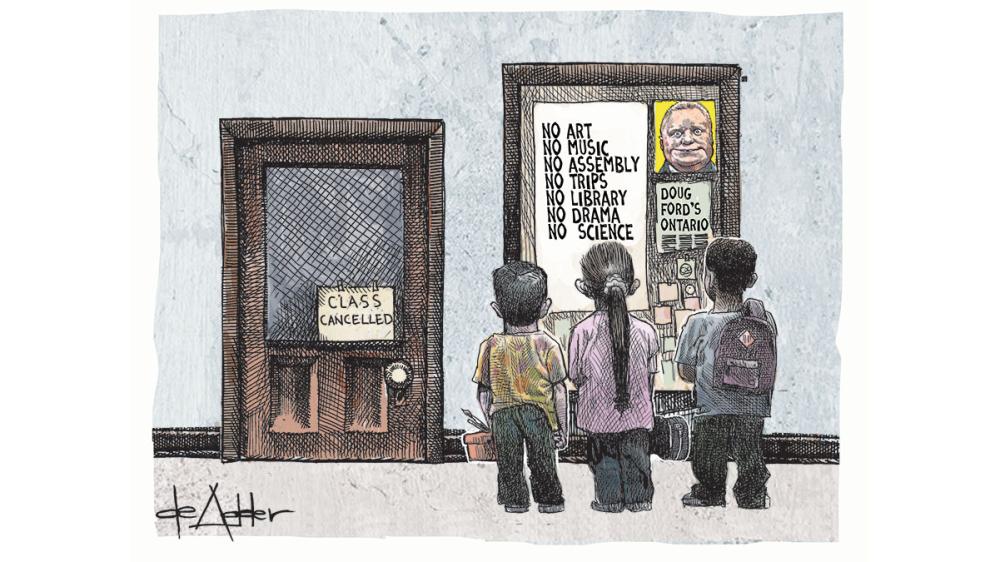 Illustration by Michael de Adder of students standing outside of cancelled class looking at board highlighting cancelled programs with Doug Ford's picture pinned above