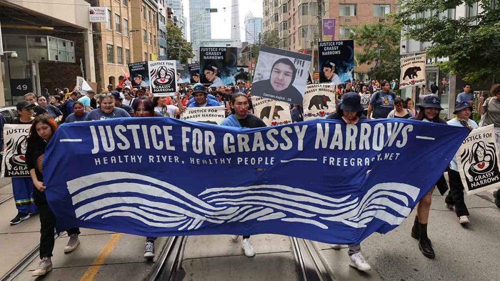 8,000 people marching from Toronto’s Grange Park to Queen’s Park in solidarity with members of Asubpeeschoseewagong (Grassy Narrows) First Nation.