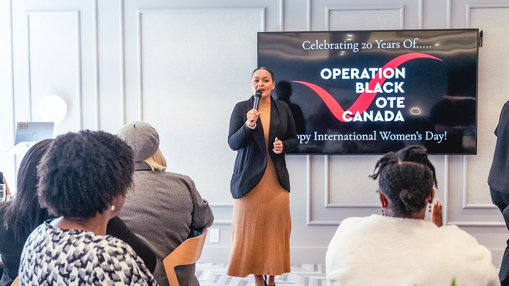 Velma Morgan speaking to attendees of Operation Black Vote Canada event