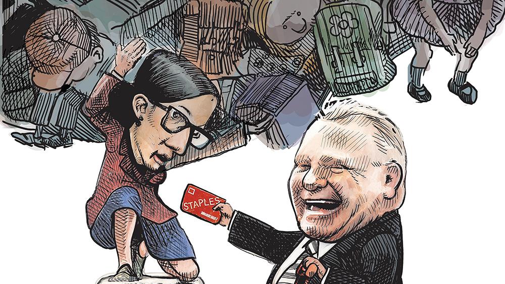 Cartoon showing Doug Ford handing a Staples gift card to a teacher who is holding a giant ball of classroom supplies and students