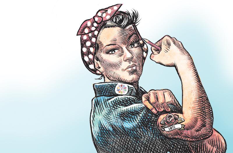 Illustration of woman flexing muscle. Illustration by Michael de Adder