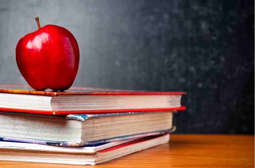 Staged photo of red apple sitting on textbooks in front of blackboard