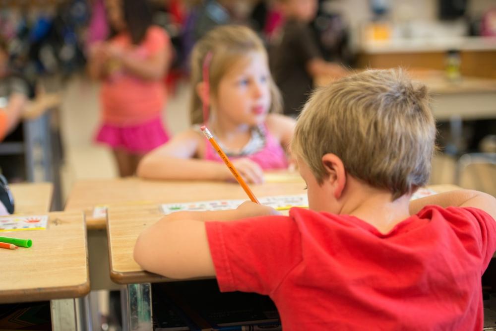 Young elementary students working at table