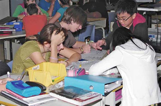 students working together on project sitting around table