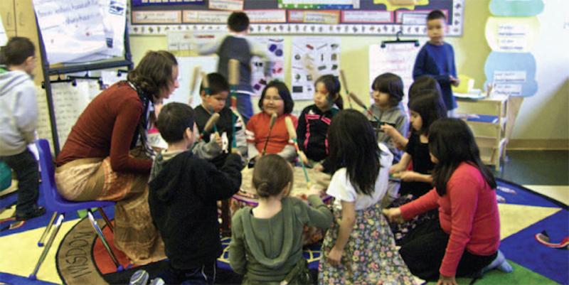 kindergarten teacher sitting in circle with students
