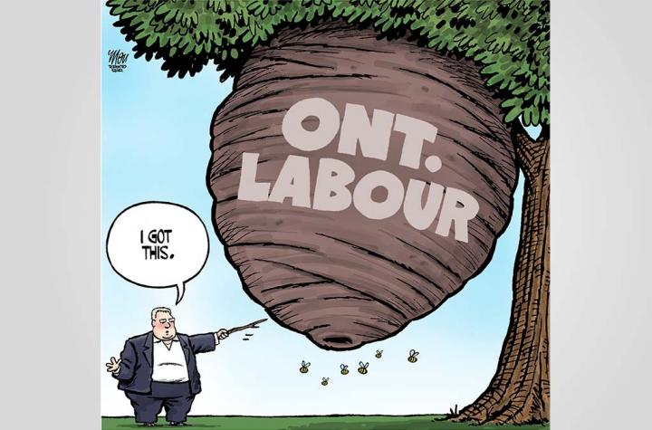 Cartoon of Doug Ford poking a bees nest that says Ontario Labour on it