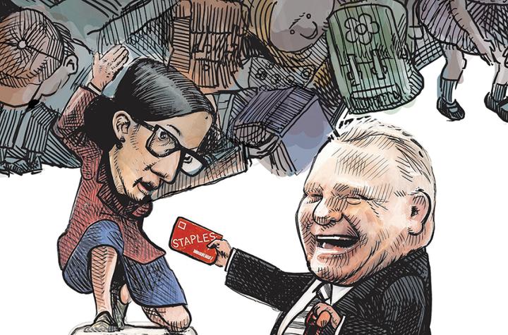 Cartoon showing Doug Ford handing a Staples gift card to a teacher who is holding a giant ball of classroom supplies and students