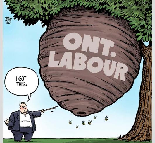 Cartoon of Doug Ford poking a bees nest that says Ontario Labour on it