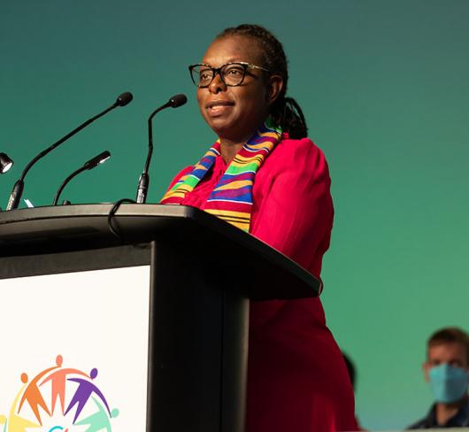 ETFO President Karen Brown speaking at February Representative Council