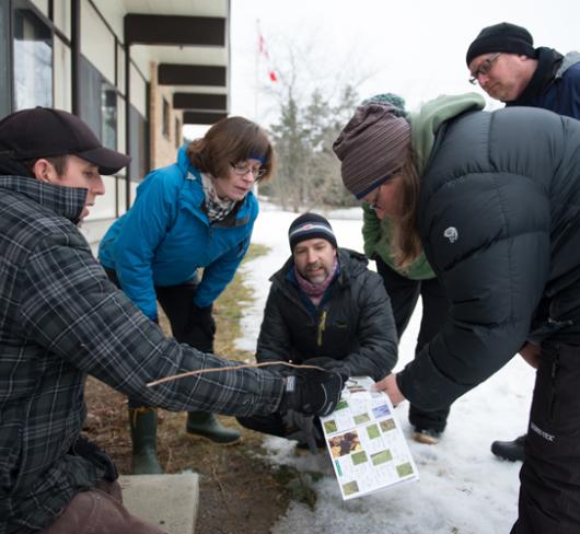 people standing in the snow examining animal tracks