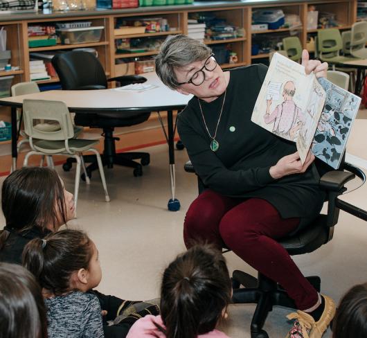 teacher reading book to classroom