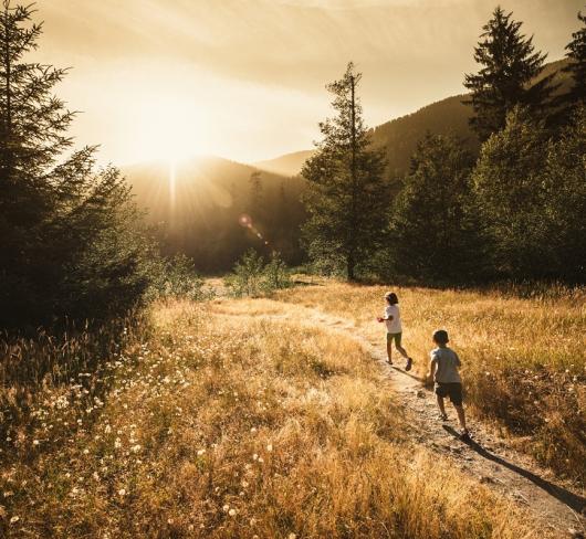 Children running outside in forest