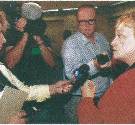 Phyllis Benedict, President, talks to the media. Hot topics were the birth of a new union, collective bargaining and political action.