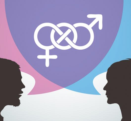 graphic of male and female silhouettes with speech bubbles indicating a conversation about gender