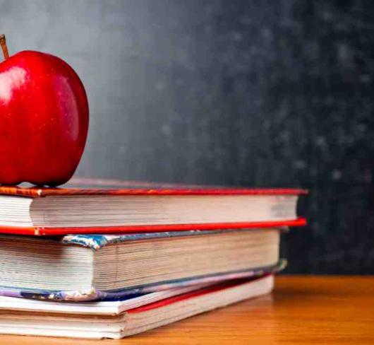 Staged photo of red apple sitting on textbooks in front of blackboard