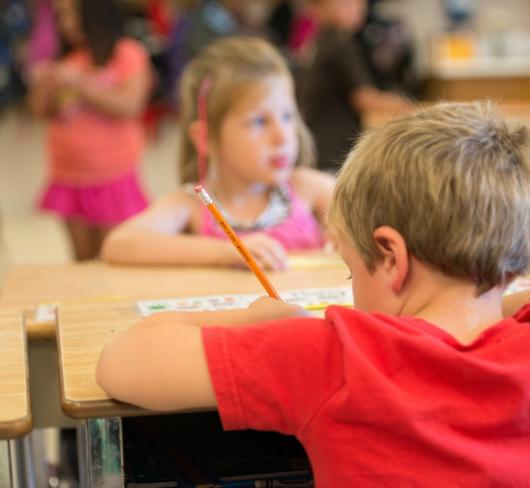 Young elementary students working at table