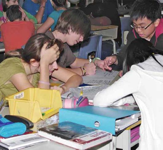 students working together on project sitting around table