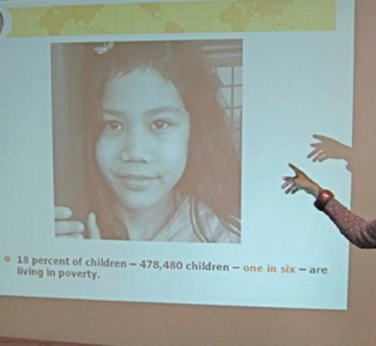 women pointing at projection with a photo of another women displayed