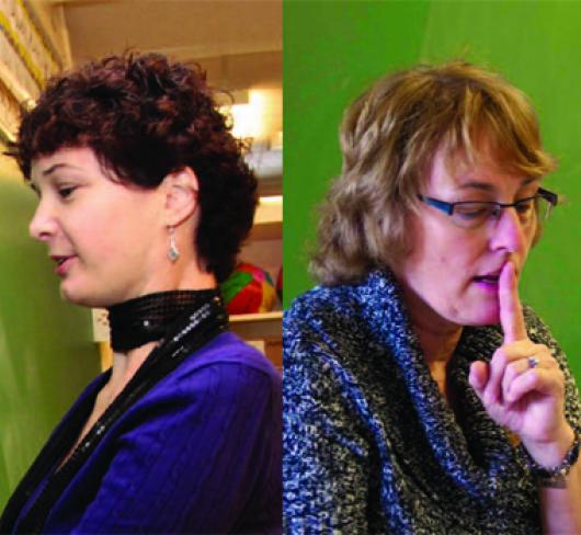 two images of teachers - the left of a teacher writing on blackboard, the other of a teacher hushing class