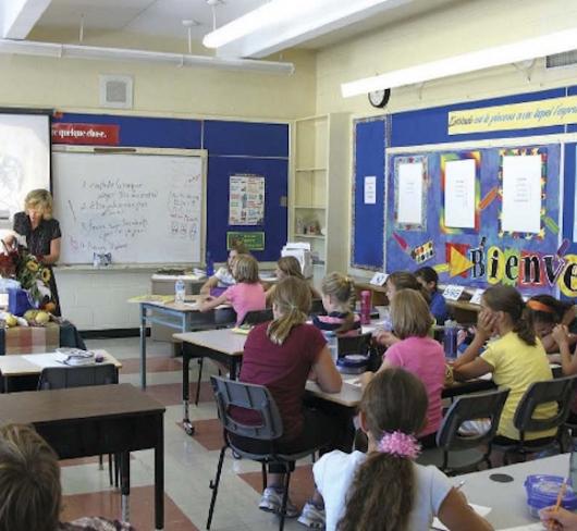 Teacher using projector to teach classroom