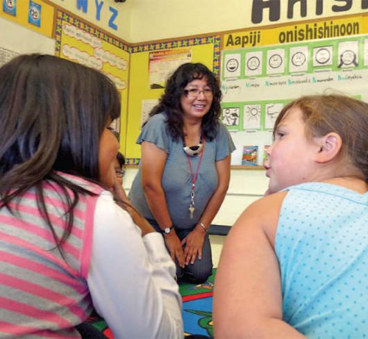 photo of two students sitting in front of teacher (perspective from behind students)