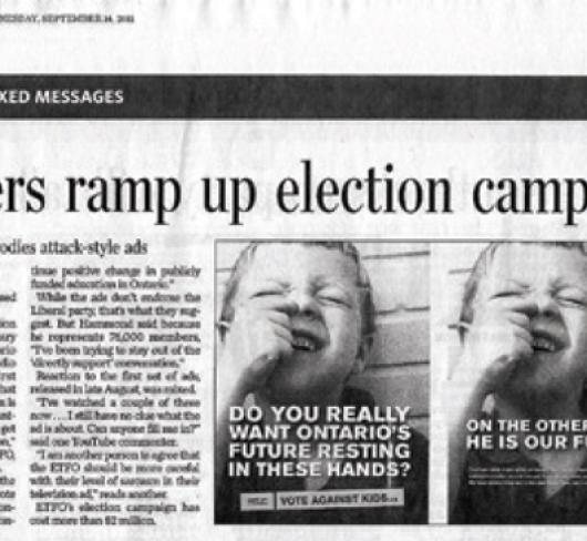 newspaper clipping that reads "Teachers ramp up election campaign"