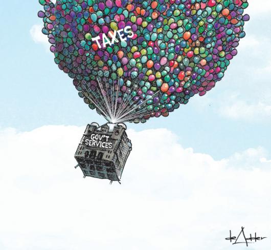 Drawing of house being carried away by balloons