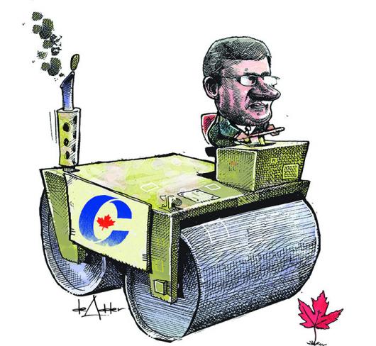 Comic of Stephen Harper riding on a steamroller about to run over maple leaf